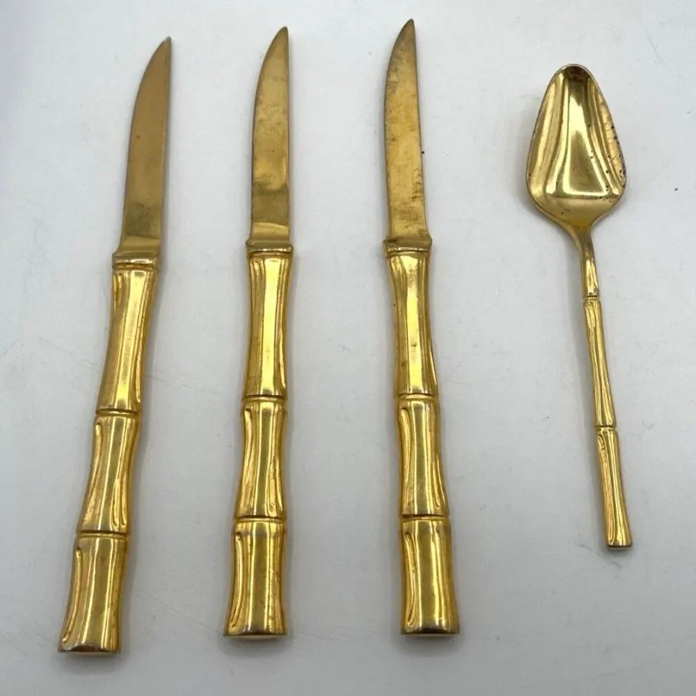 Vtg Supreme Cutlery Japan Cocktail Flatware Stainless Gold Faux Bamboo Handle